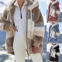 women jacket fashion patchwork plush zipper hooded coat outwear winter warm faux fur pocket loose parka female coat plus size