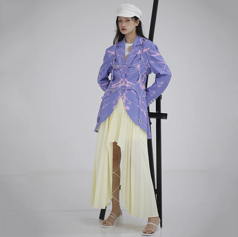 [EAM] Женский блейзер свободного покроя с синим принтом отворотом длинным рукавом