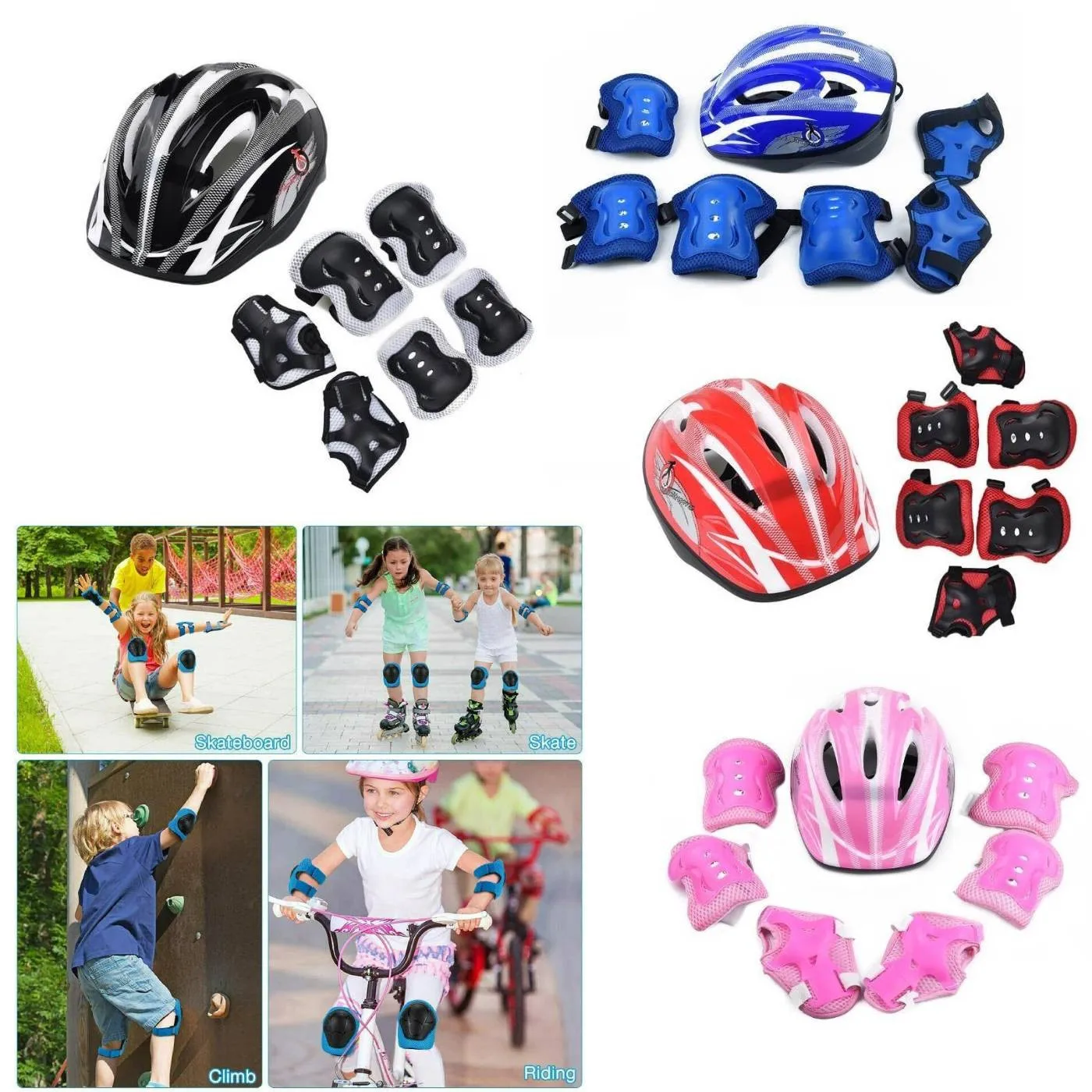 

7pcs Child Roller Helmet Skating Bike-Helmet Knee Wrist Guard Elbow Pad Pieces Children Roller Skating Head Skateboard Kneee Pad