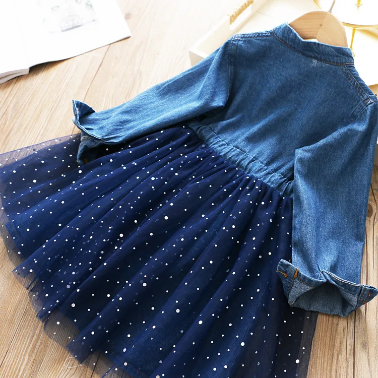 Детская весенняя одежда джинсовое Пышное Платье принцессы в горошек и стиле
