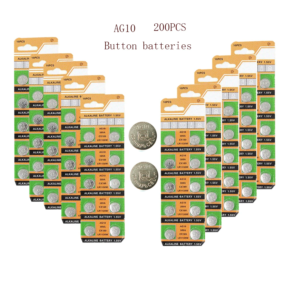 AG10 200Pcs 10mAh 1.55V AG 10 LR1130 Alkaline Cell Coin Battery SR54 189 L1131 SR1130 G10A Button Batteries For Watches Toys