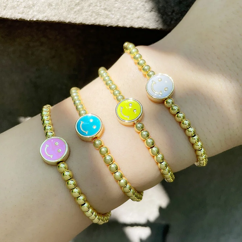 

Bohemian Smiley Bracelets Golden Beaded Chain For Couple Girlfriends Copper Plated Bangles Party Gifts Fashion Jewelry Accessory