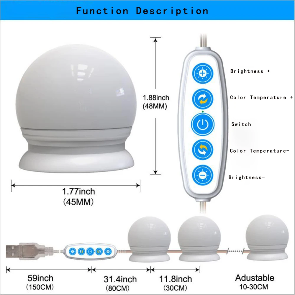 5 цветов плавная регулировка яркости USB светодиодный зеркальный светильник для