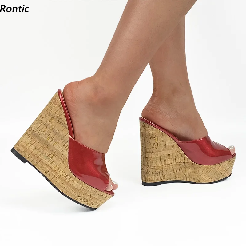 

Rontic New Handmade Women Platform Mules Sandals Cork Wedges Heels Peep Toe Red Blue Black Purple Party Shoes Size 34 45 47 52