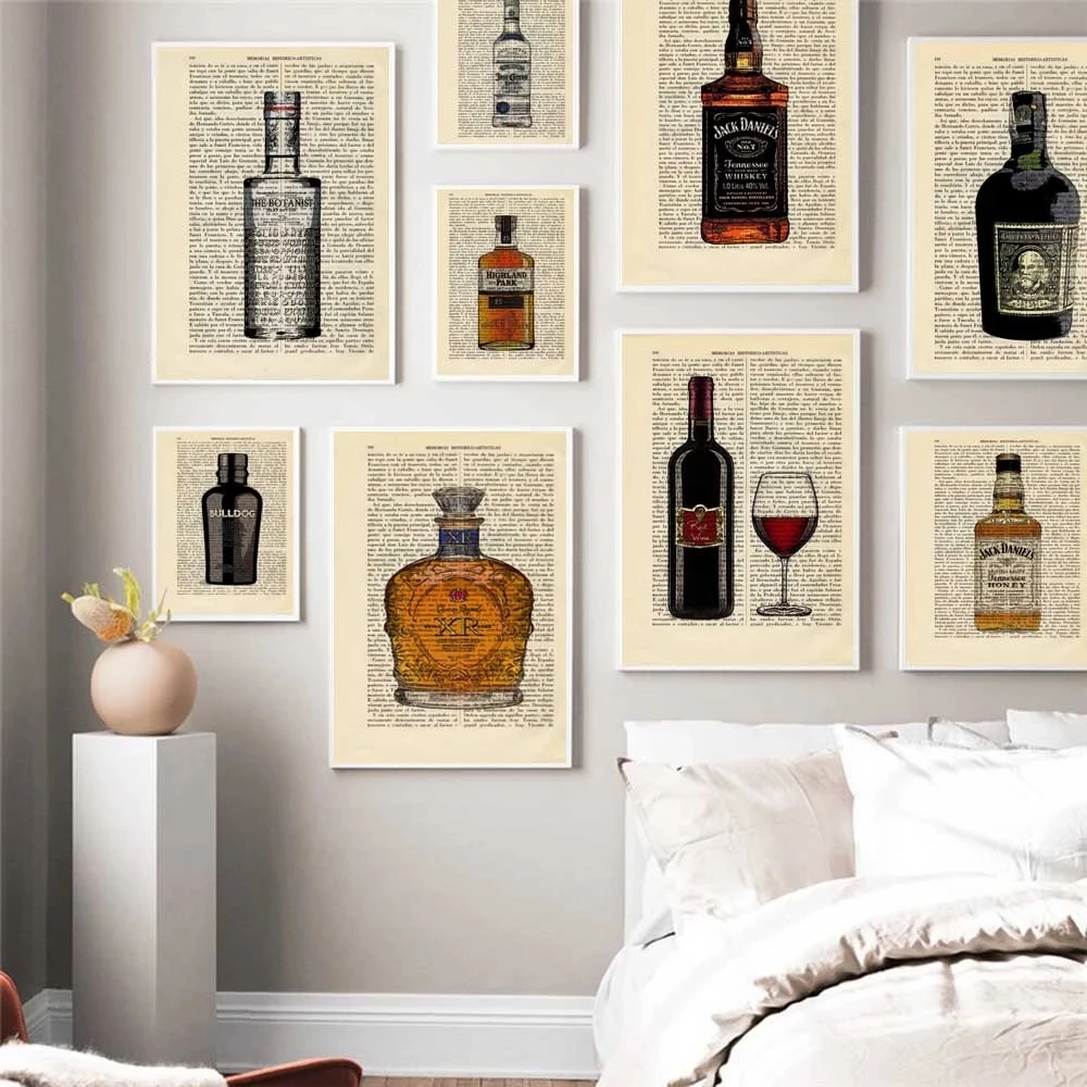Картина на холсте в стиле ретро Настенная роспись книга с винными бутылками стер