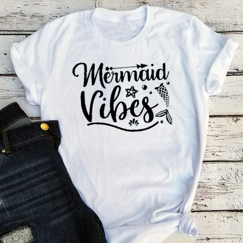

Mermaid Graphic T Shirts 2021 Women Fashion Summer Clothing Plus Size Vintage White Vintage Women Sexy Tops Letter XXL