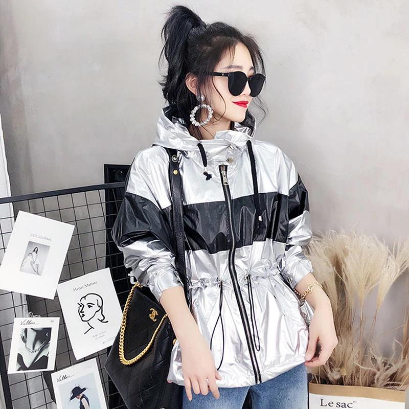 Женский тренчкот с капюшоном Свободный Повседневный контрастной расцветки