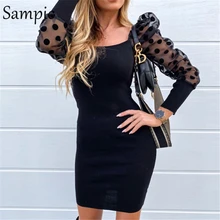 Sampic woman polka dot turtleneck casual party puff mesh long sleeve dress bodycon mini knitted sweater dress autumn winter