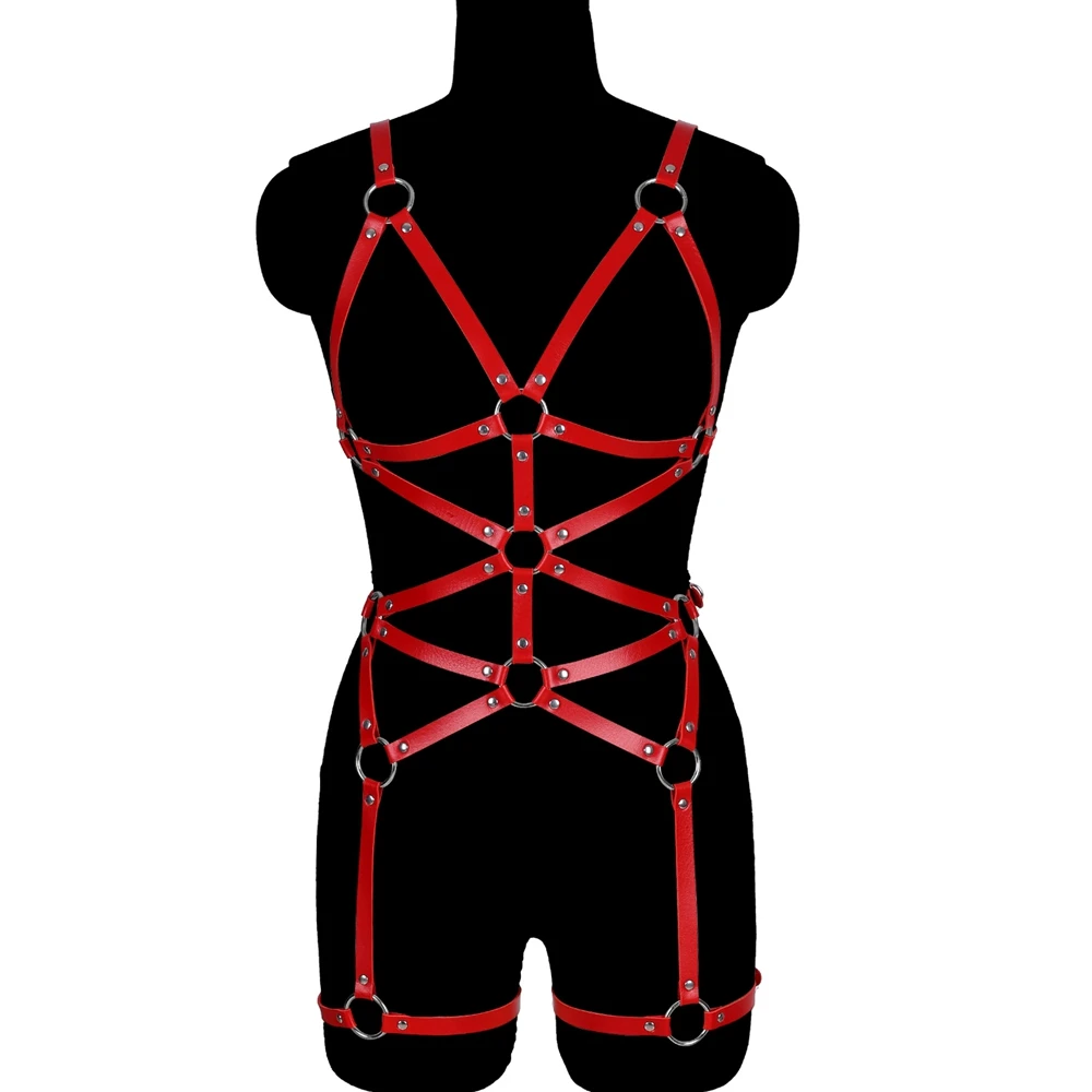 

Women Bondage Lingerie Goth Leather Harness Garter Belt Set Top Harnss Body Cage Open Chest Bra Adjust Punk Sexy Body Harness