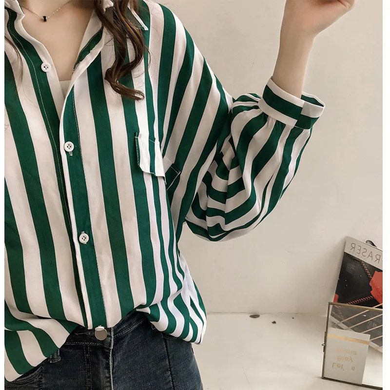 Осенняя Женская Новинка Hong Kong свободная полосатая рубашка bf шифоновые блузки с