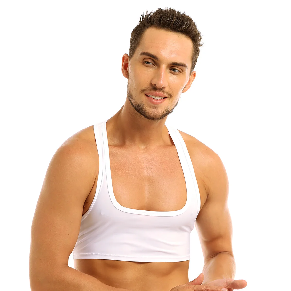 Мужские костюмы без рукавов, Y Back Muscle Half Summer, майка, майка, Клубная одежда, вечерние, сценические, укороченные топы