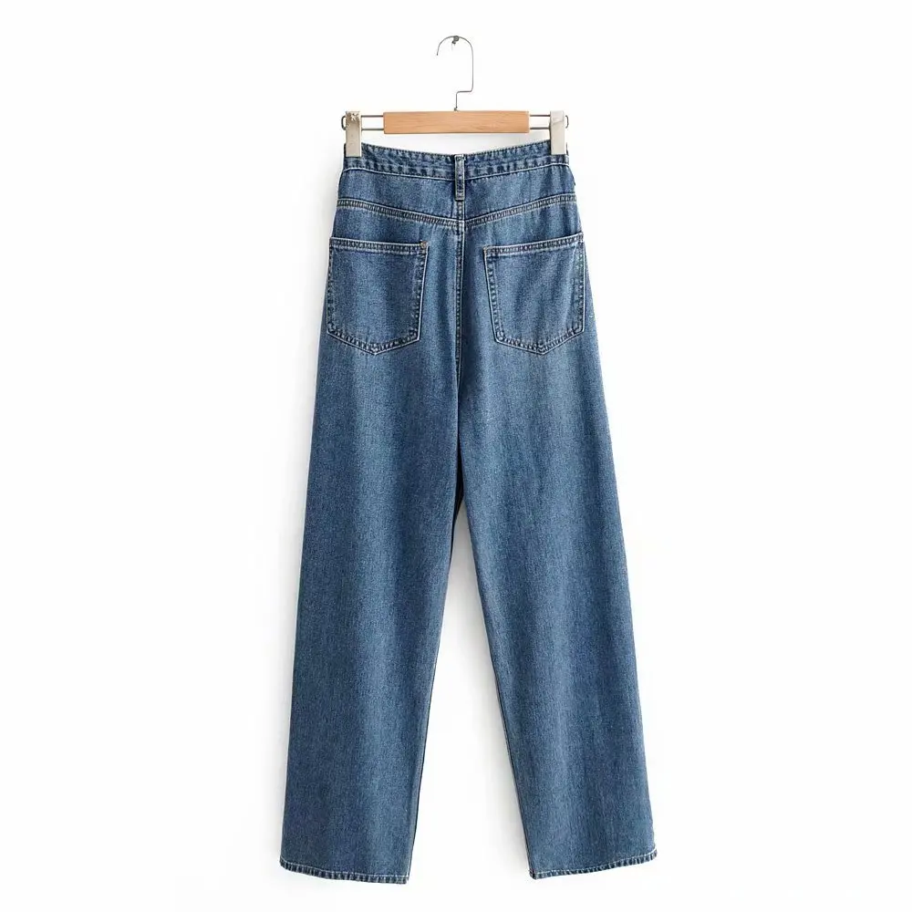 Autumn /Winter High Waisted Jeans Fashion Washed Double Buckle Mopping Wide-Leg Mom Jeans High Waist Denim Baggy Jeans Black