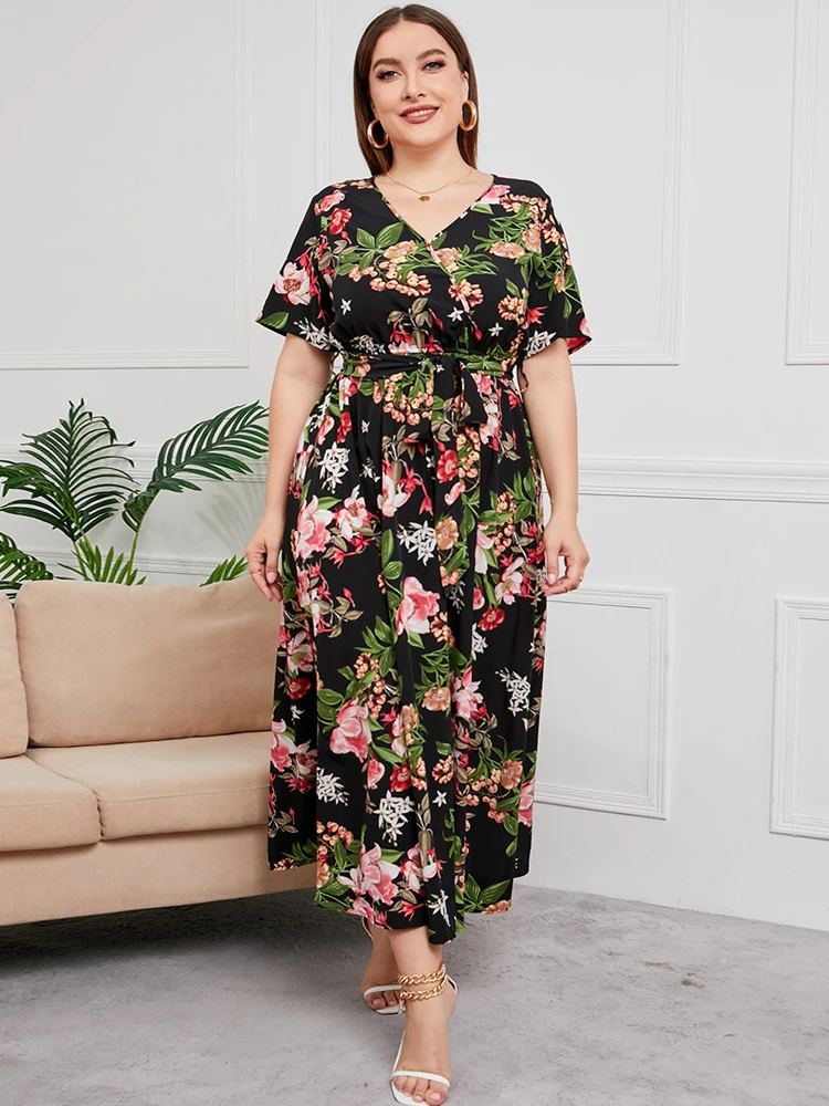 

2021 Fashion Woman Summer Dress Plus Size Female V Neck Short Sleeve Floral Print Boho Beach Dress Belted Maxi Long Dresses