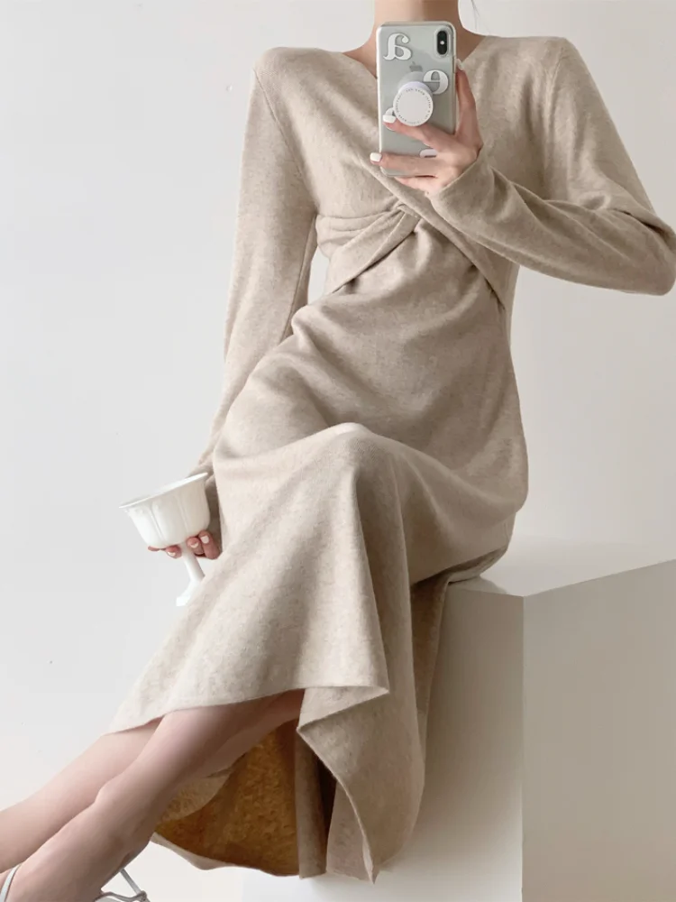 Элегантное цельное платье в Корейском стиле женское вязаное французское