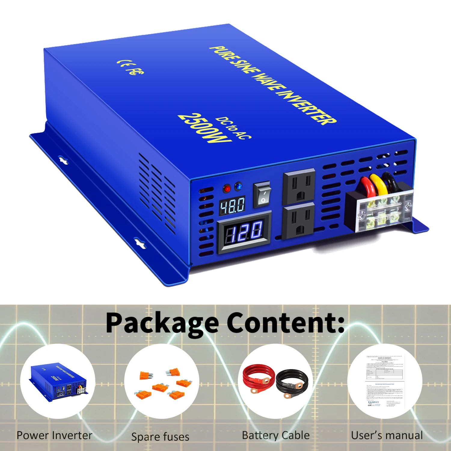 

XYZ INVT 5000W Peak 2500w Continuous Pure Sine Wave Inverter 12v 24v 36v 48v dc to ac 110v 120V Off Grid System Power Converter