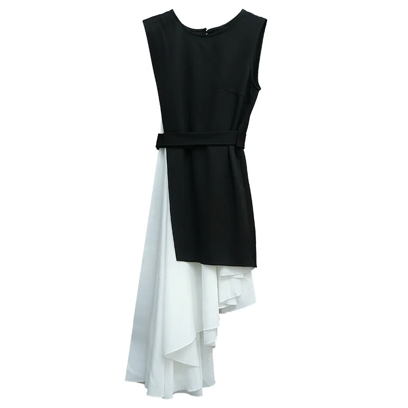 

Stylish Two-piece Dress Women 2020 Summer Elegant Irregular White Slip Dresses with Black Sleeveless Belt Vest Plus Size