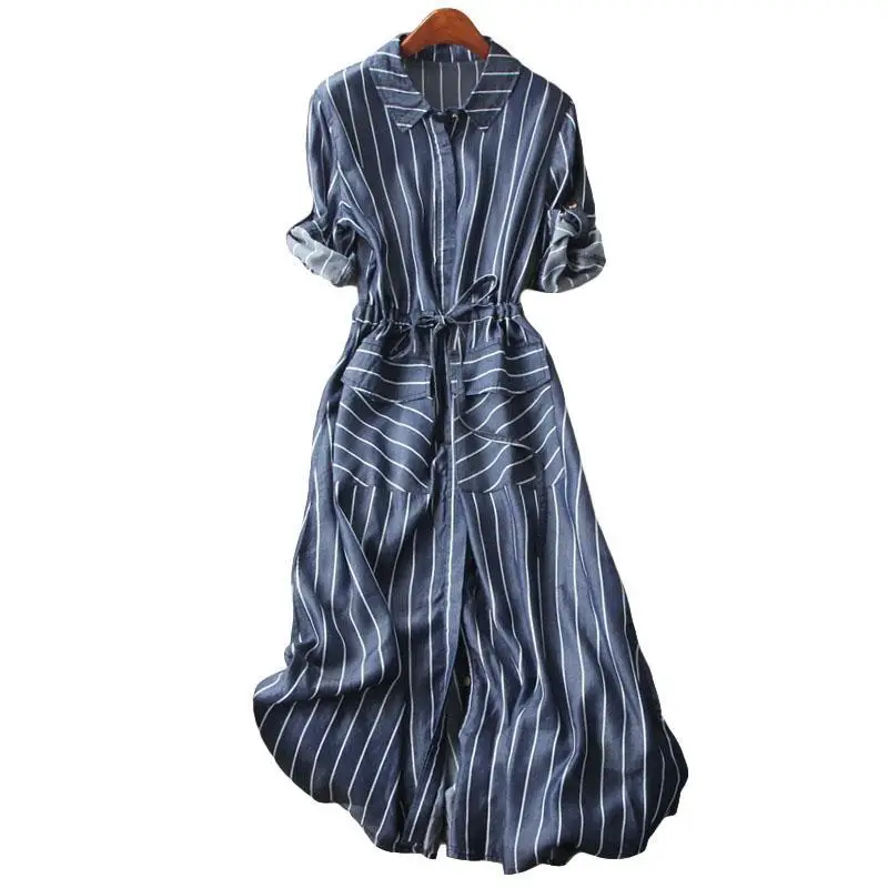 

Unruly ~ Contrast Wide Stripe Pocket Tencel Dress Drawstring Lace Middle Sleeve Bottom Split Shirt Dress