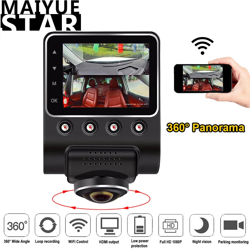Автомобильный видеорегистратор Maiyue star 2 5 дюйма 360 градусов Панорамный Wi Fi full view HD