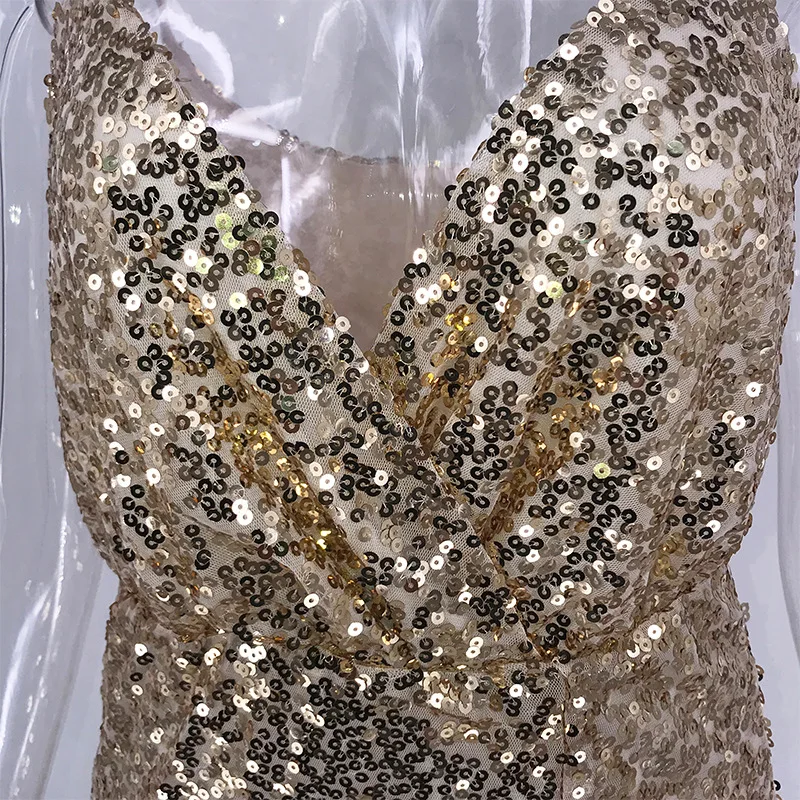 

BacklakeGirls Sexy Split Side Sequined Evening Gowns V Neck Spaghetti Strap Mermaid Dress Long Gold Evening Dress Vestido Sirena