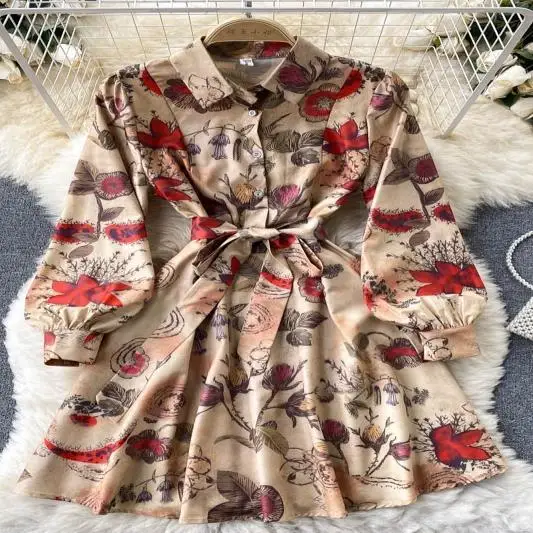 

Women's Vintage Lantern Sleeve Single Breasted Floral Shirt Dress Summer Autumn Ladies Office Wear Long Dress Streetwear Vestido