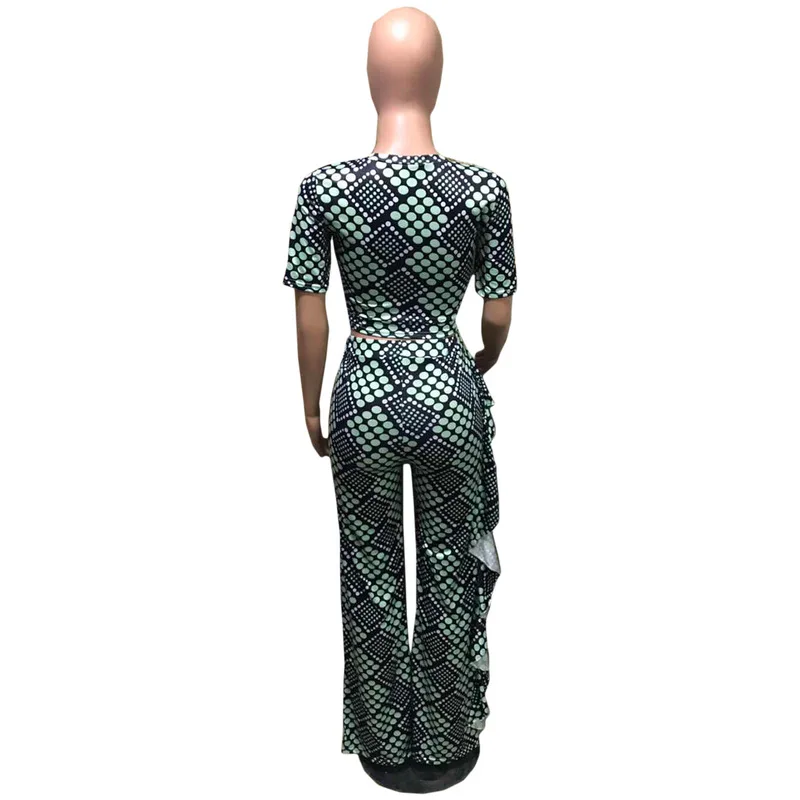 

Colorful Plaid Print 2 Piece Set Clothes For Women Short Sleeve Slim Fit Crop Top+ Side Ruffles Wide Leg Pant Vintage Tracksuit