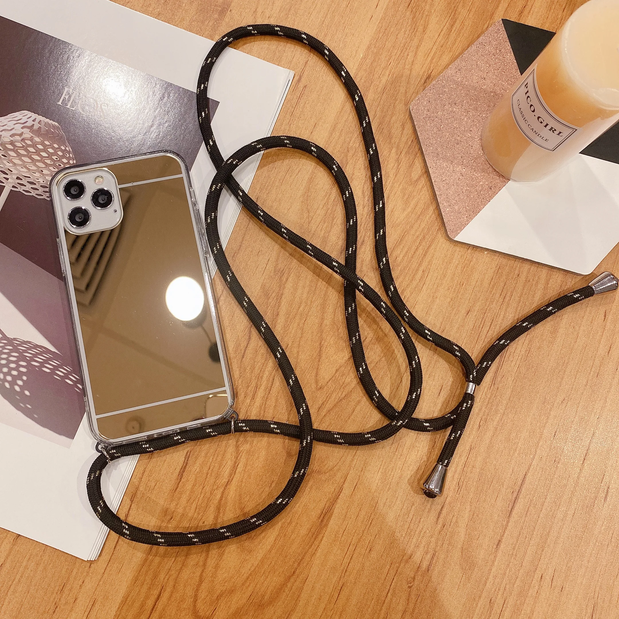 phonecase Fashion Make Up Mirror Phone Case for iPhone 12 Mini 11 Pro XS Max XR 7 8 Plus Necklace Cord Chain Hanging Rope Crossbody Cover peel case