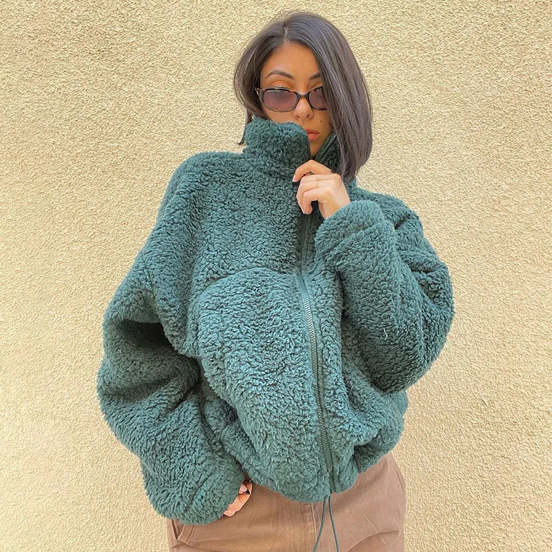 

Women's New Autumn And Winter Solid Color Loose Drawstring Stand-up Collar Cardigan Lamb Wool Coat Chamarras De Mujer