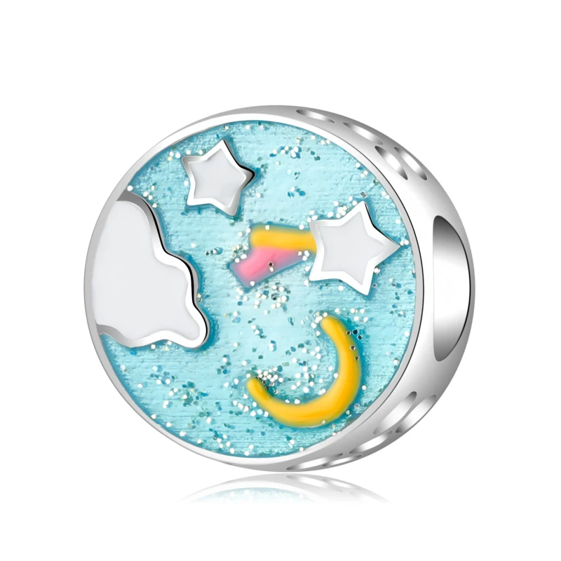 

Tranquil Night Sky 925 Sterling Silver Charms with Enamel Cyan Moon Star Beads for Women Jewelry Fit Original Paandora Bracelt