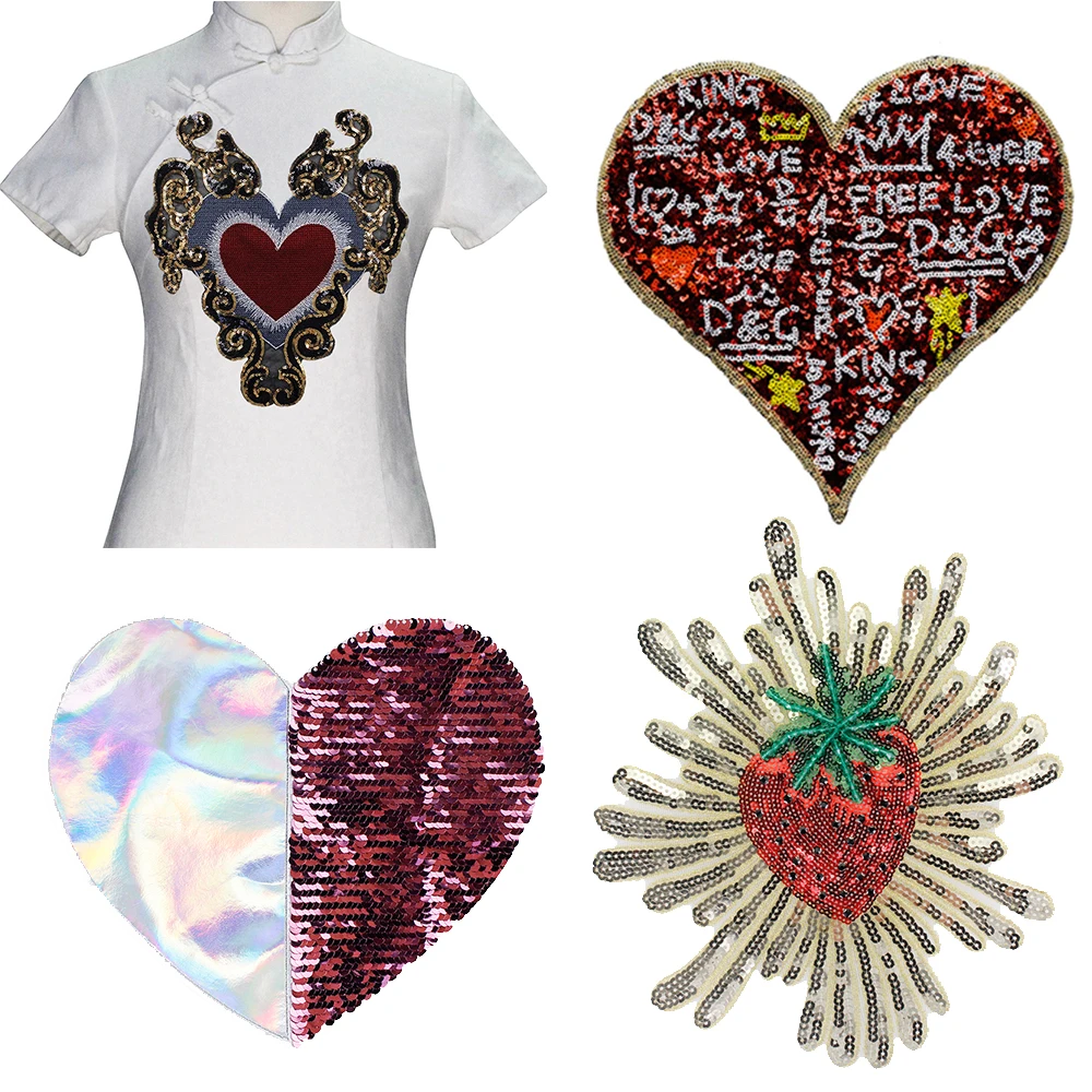 TH684 красное сердце цветочной аппликацией с золотыми блестками Заплаты вышивки