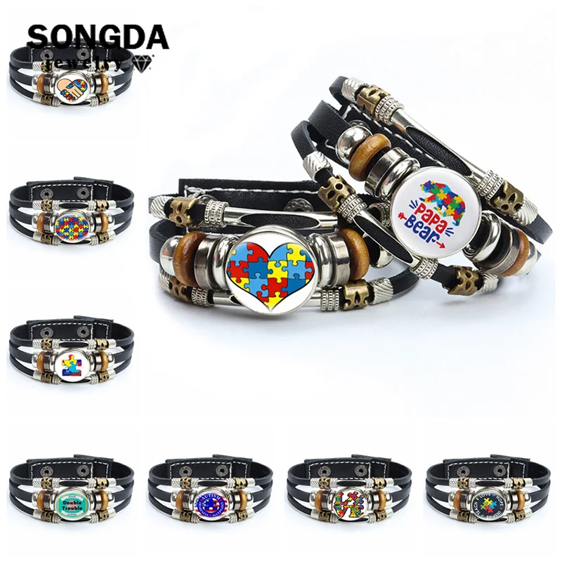 

Autism Awareness Bracelet Holder Red Ribbon Puzzle Love Cabochon Glass Multilayer Charm Leather Bracelet Men Women Jewelry Gifts