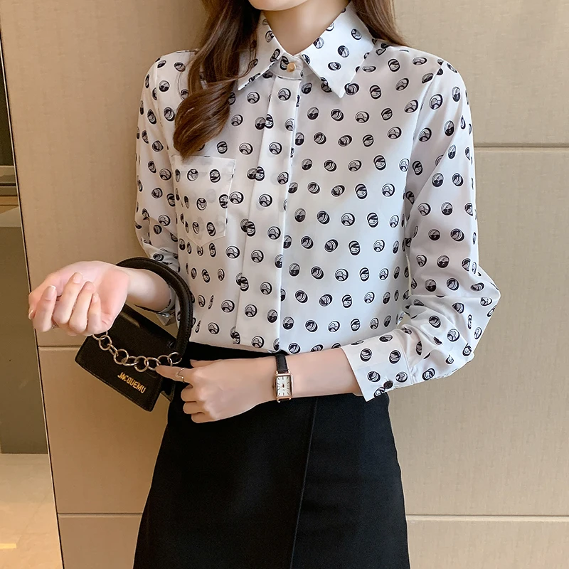 

Silk Women's Blouse Loose Polo Girl's Shirt Summer Fashion Long Sleeve Top Plus Size Chiffon Print Casual Lady Blusas Houthion
