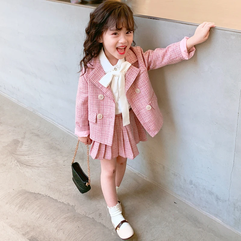 Клетчатые школьные костюмы для маленьких девочек официальная одежда хлопковые