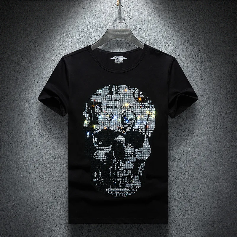 

2021 Rhinestones Skulls T Shirts Men Summer Clothes Fashion Streetwear Slim O Neck Short Sleeve T-shirt for Man Camiseta Hombre