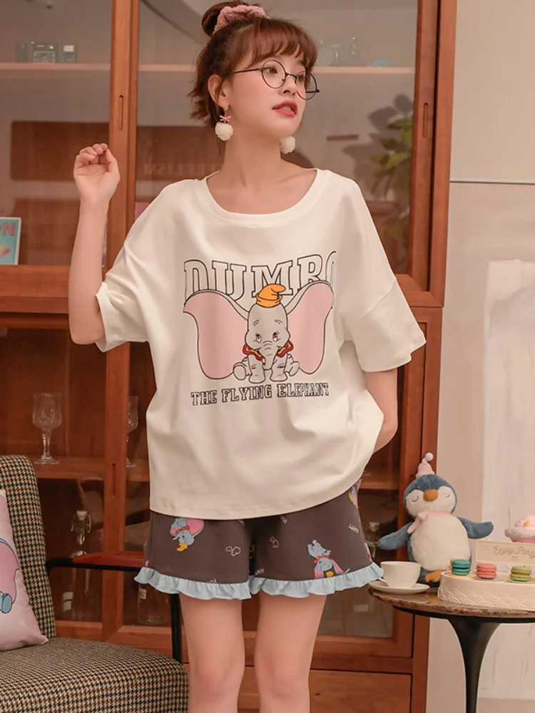 

Disney Fashion 2021 Summer Cotton Pajamas Women's Short Sleeve Shorts with Ruffle Print Cute Dumbo Home Suit Pajama Sets Woman