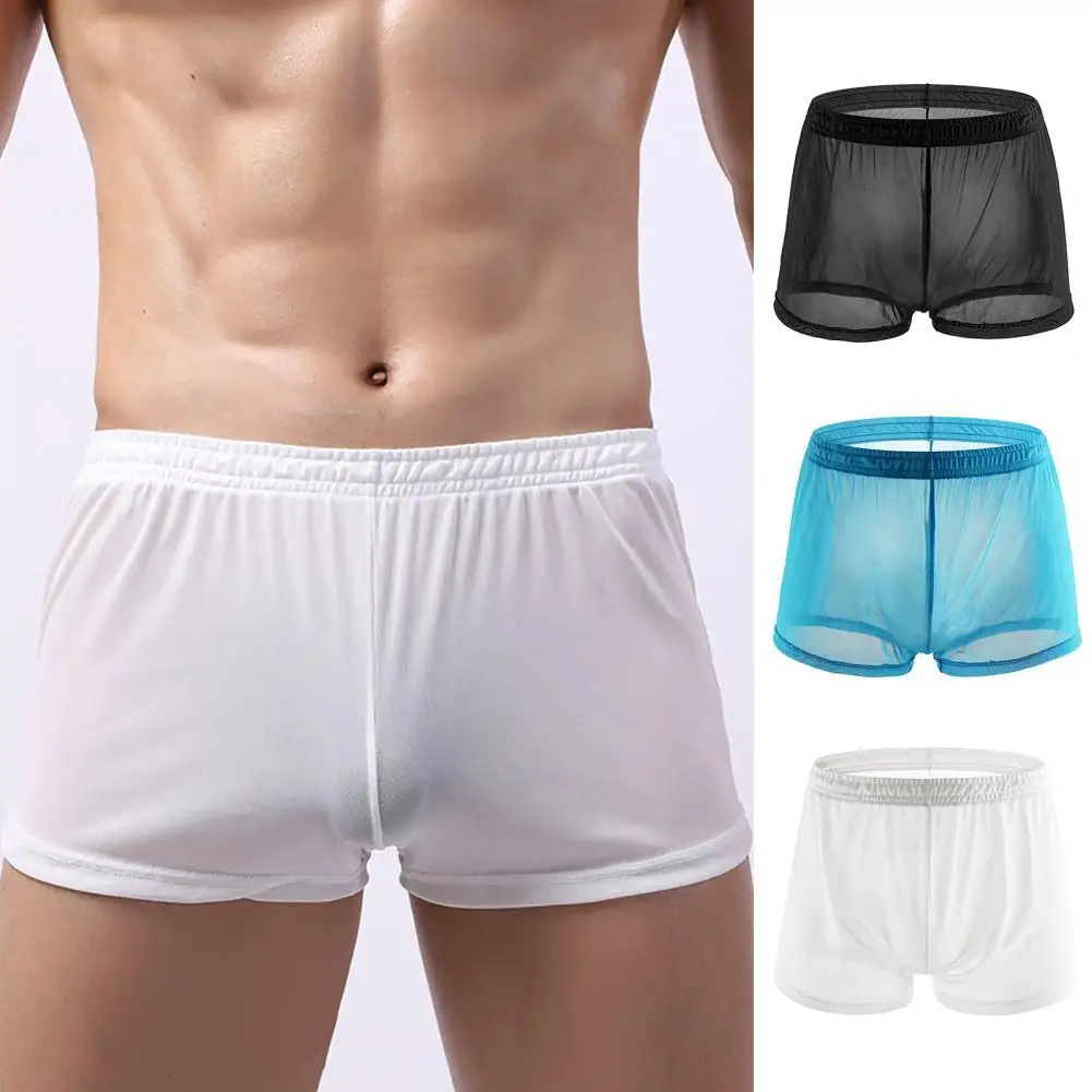 

Soutong See Through Men Underpants Solid Color Mesh Yarn Mid Waist Transparent Thin Boxer Underwear for Daily Wear