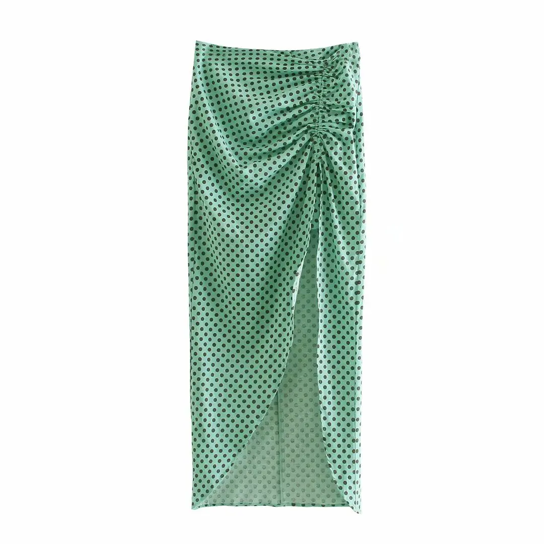 

2021 Vintage Polka Dot Pleated Midi Skirt Women Irregular hem High-waist slit Elegant Chic Lady skirts Woman jupe