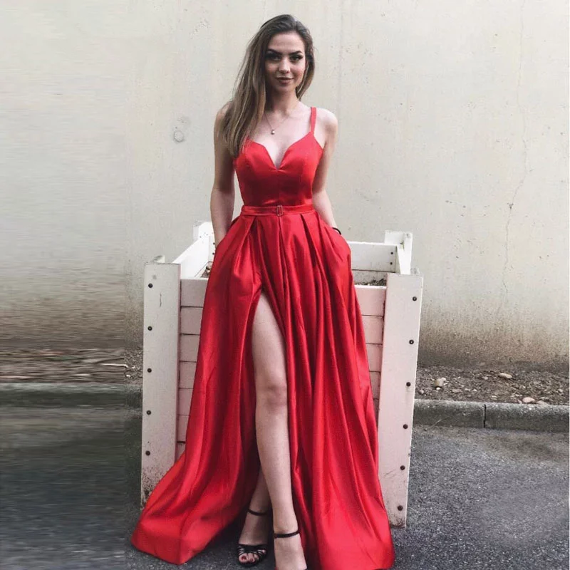 

Plus size Evening Dress with High Slit prom Satin red Blue Spaghetti Straps Sweetheart sexy vestidos de fiesta de noche abiye