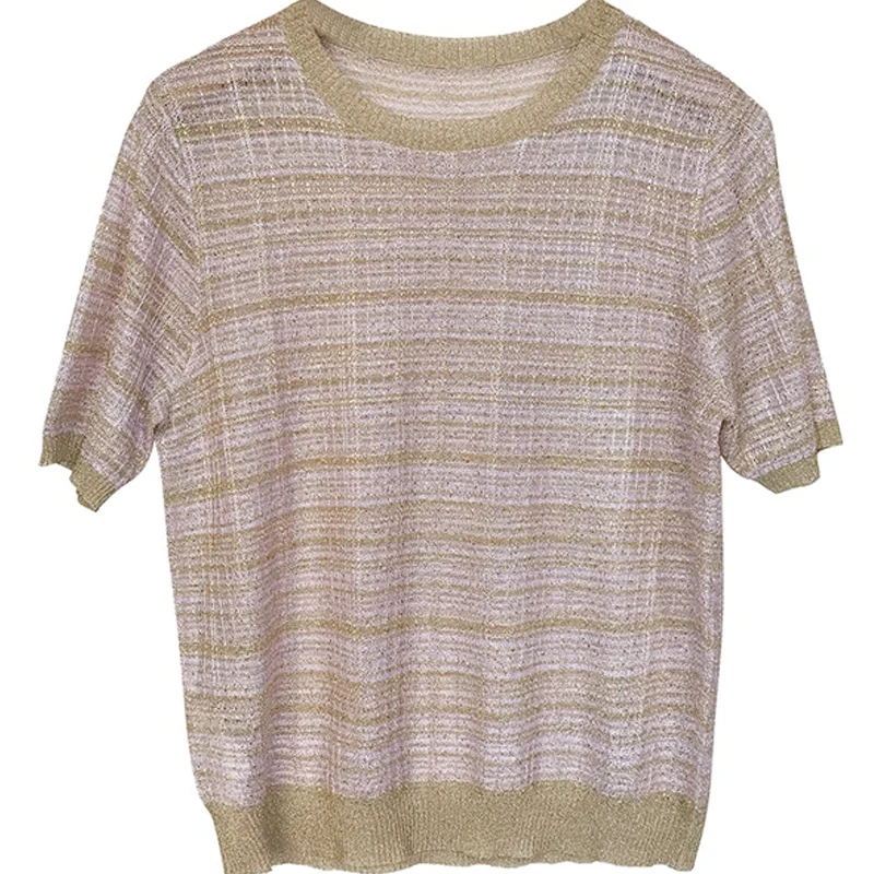 

Plaid Short Sleeve Knitted Top Summer New Light Luxury Lady's Slim Wild Women's Shirt Vintage Women's Cloth Korean Pop 14656