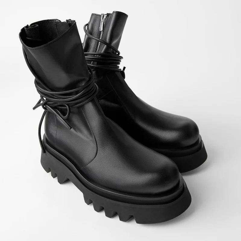

Handsome Black Motorcycle Women's Retro Side Zipper Ankle Lace-up Short Heavy Middle Martin Boots Fashion Shoes Tide