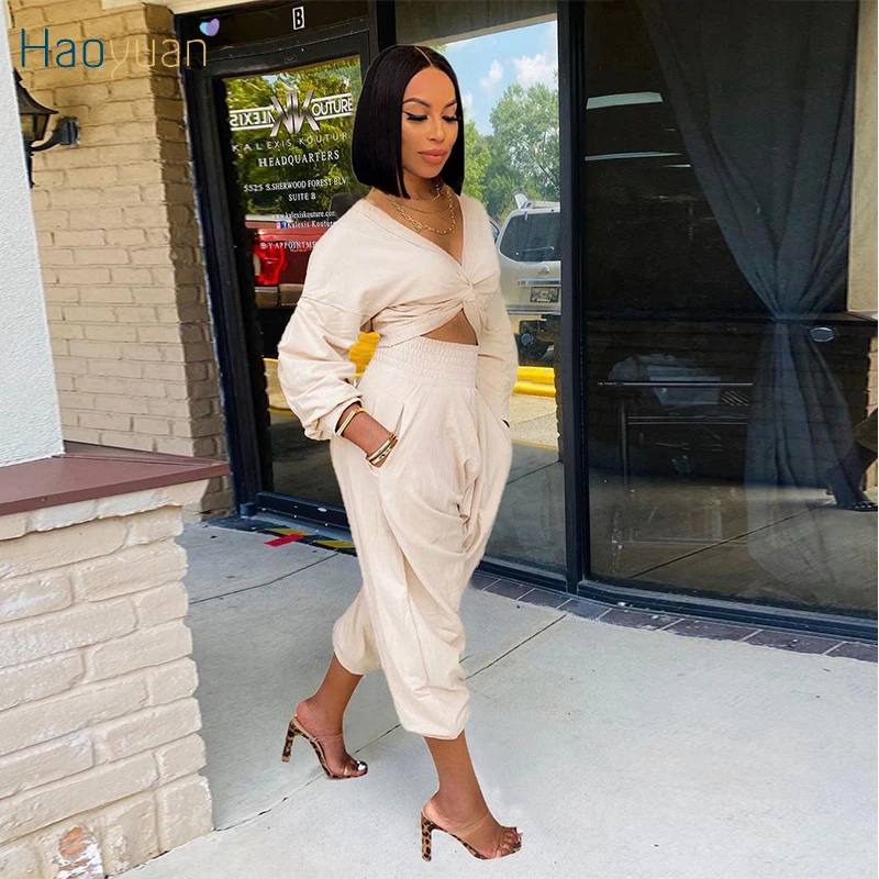 

Соблазнительный комплект из двух предметов HAOYUAN, короткий топ с длинным рукавом, Женская мода осень 2021, наряды, ночная Клубная одежда, подход...