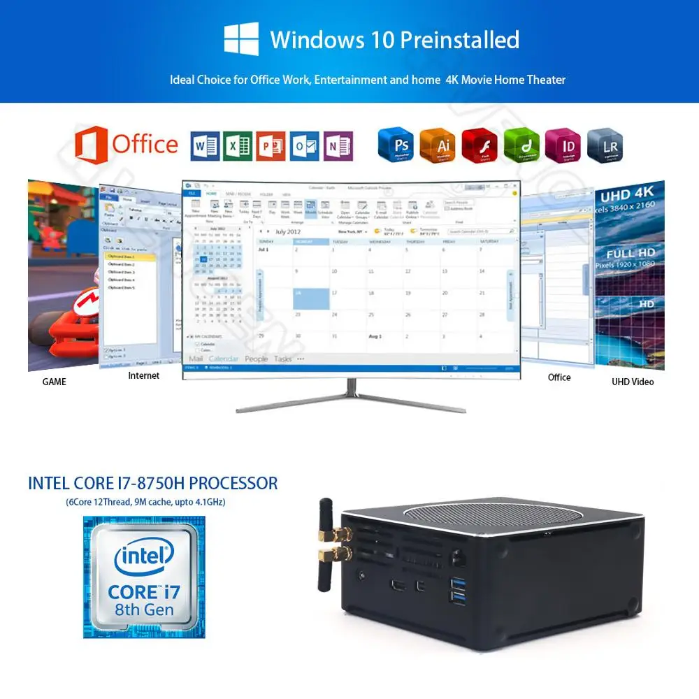 Intel Nuc Core i9 9880H 8 16 ниток Мини ПК i7 8750H Windows 10 Pro 2 4G + 5 8G WiFi настольный компьютер HDMI Mini DP