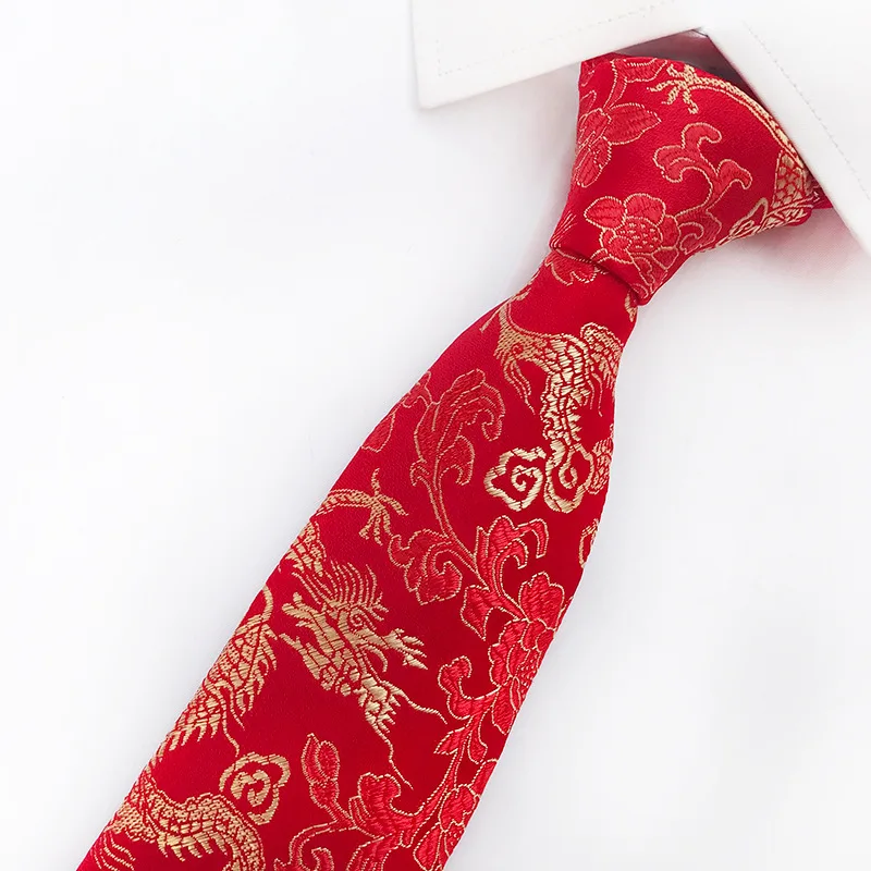 

2020 Men Jacquard Embroidery Chinese Dragon Wedding Party Narrow Neck Tie Bride Groom Polyester 8cm Silk Business Necktie Cravat