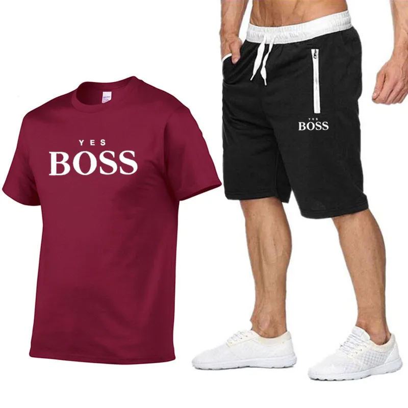 

Men's Cotton Short-Sleeved T-Shirt Summer YES BOSS Original Brand Top + Casual Shorts Basketball Sportswear Two-Piece Suit