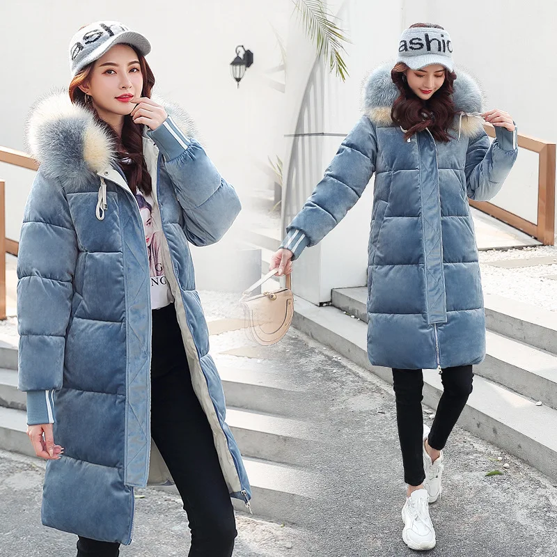 Down parka Warm Hooded Fur Cotton Parkas collar long-term students in women's knee-length golden velvet jacket for winter 1075 |