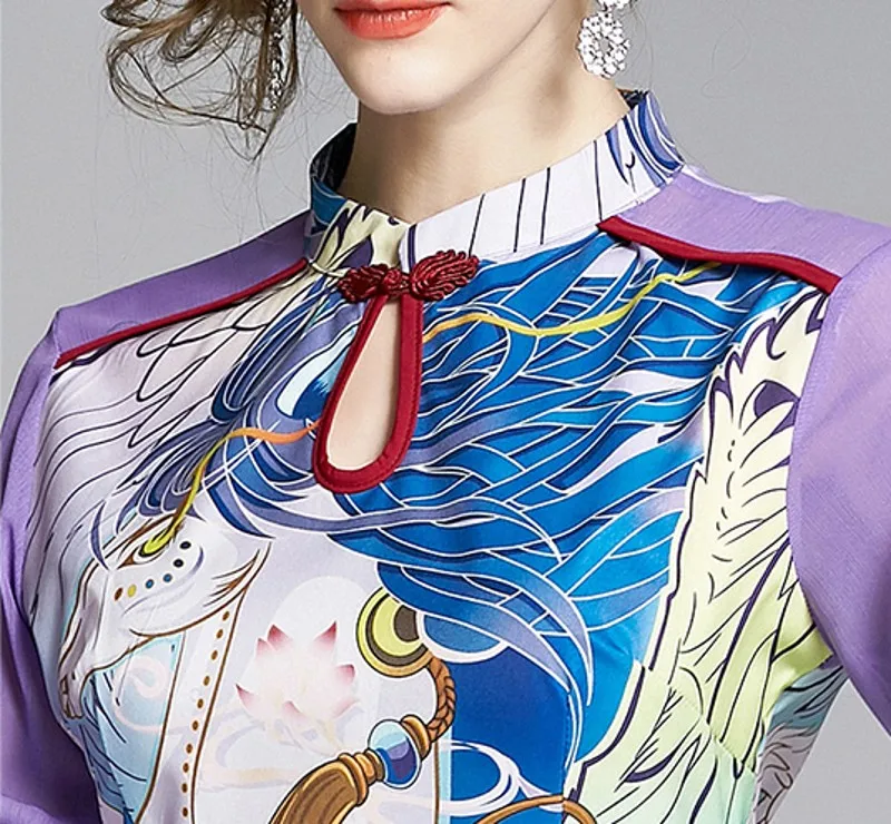 

2020 Summer Fashion Cartoon Printed Dress Women stand Collar Flare Sleeve Patchwork Cheongsam A-Line Vintage Dress