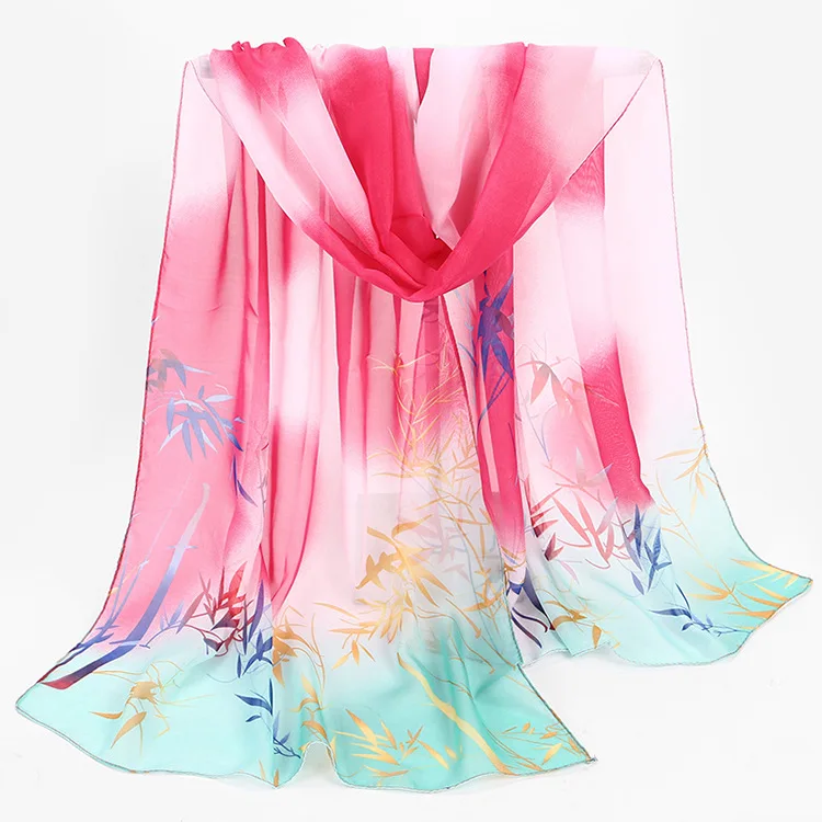 

Женский длинный шифоновый шарф, мусульманский хиджаб с бамбуковыми листьями и цветами, 47*155 см
