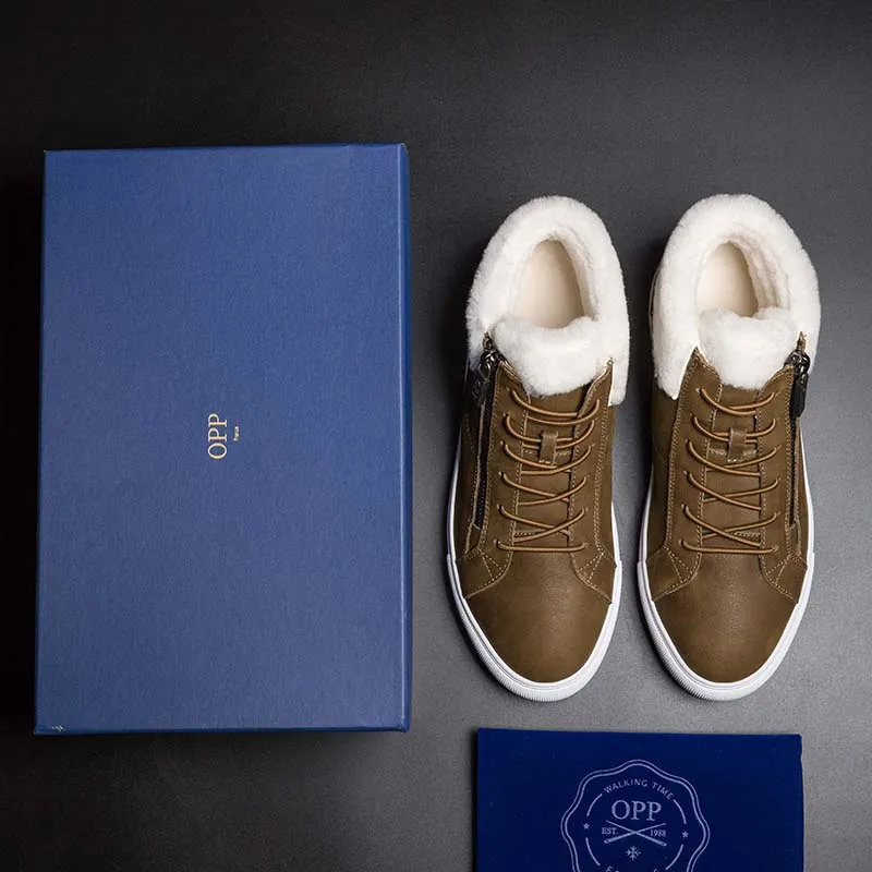 

OPP Men Boots Anti-Skidding Leather Shoes Men OPP Popular Comfy Spring Autumn Men Shoes Short Plush Snow Boots Durable Outsole