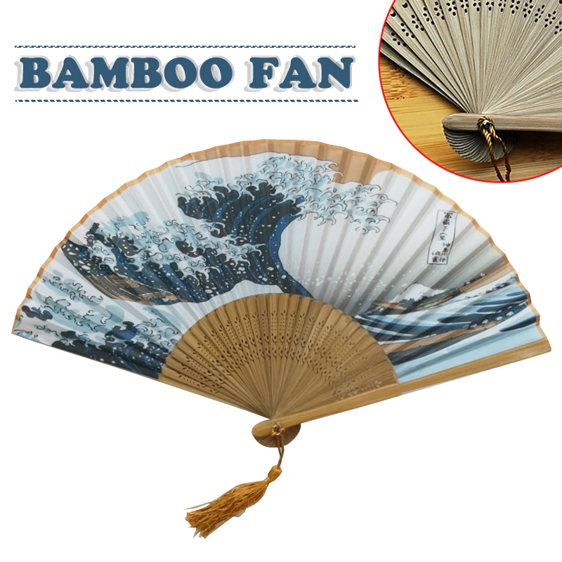 

Sea Wave Tassel Folding Hand Fan Japanese Series Imitation Silk Bamboo Fan Art Craft Gift Home Decoration Ornaments