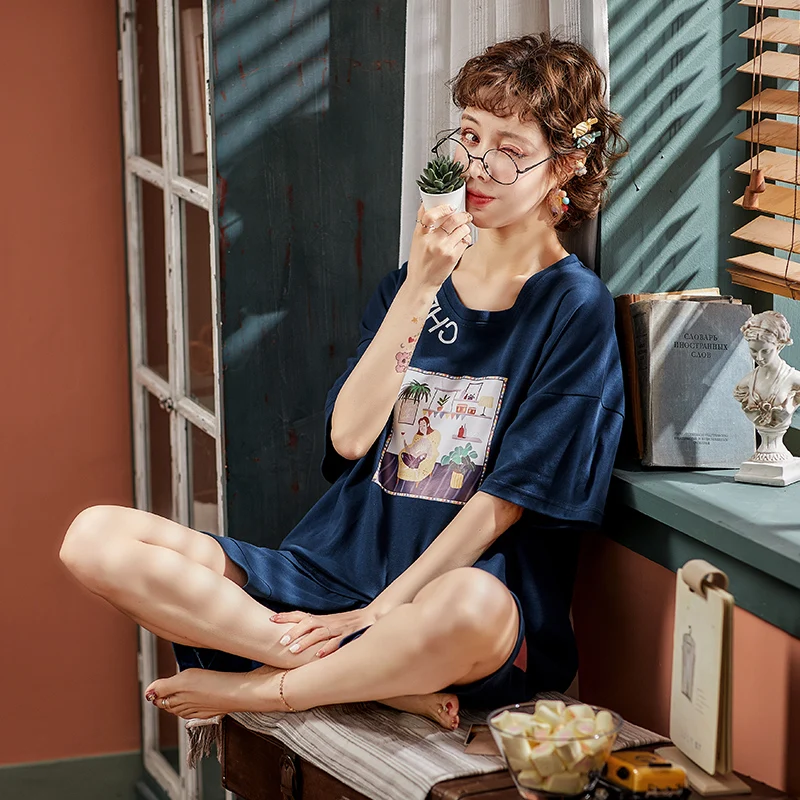 Пуловер с круглым вырезом и коротким рукавом Повседневная летняя одежда для сна