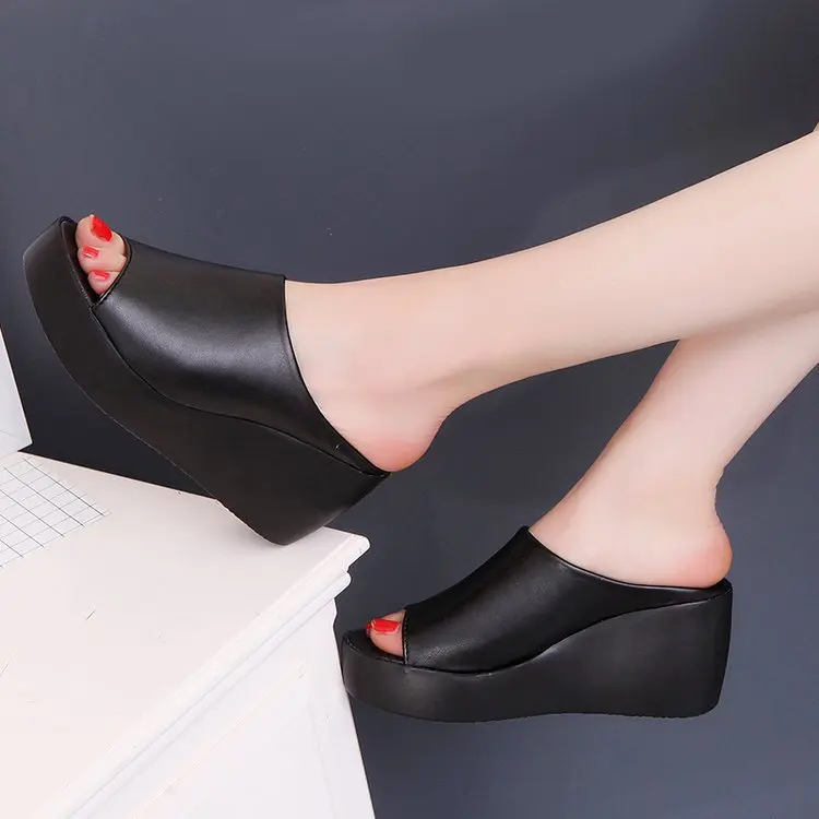 

Flat Shoes Female On A Wedge Slippers Heels Slipers Women Slides Platform High 2021 Rome Rubber Basic Fabric PU Flat Shoes Femal